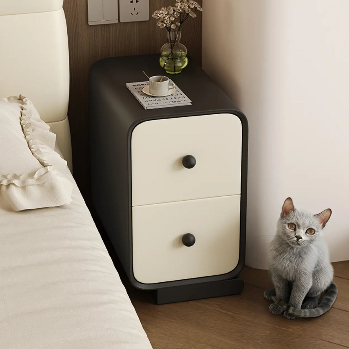 Minimalist Modern Wood Cream Nightstand with 2 Drawers Image - 2