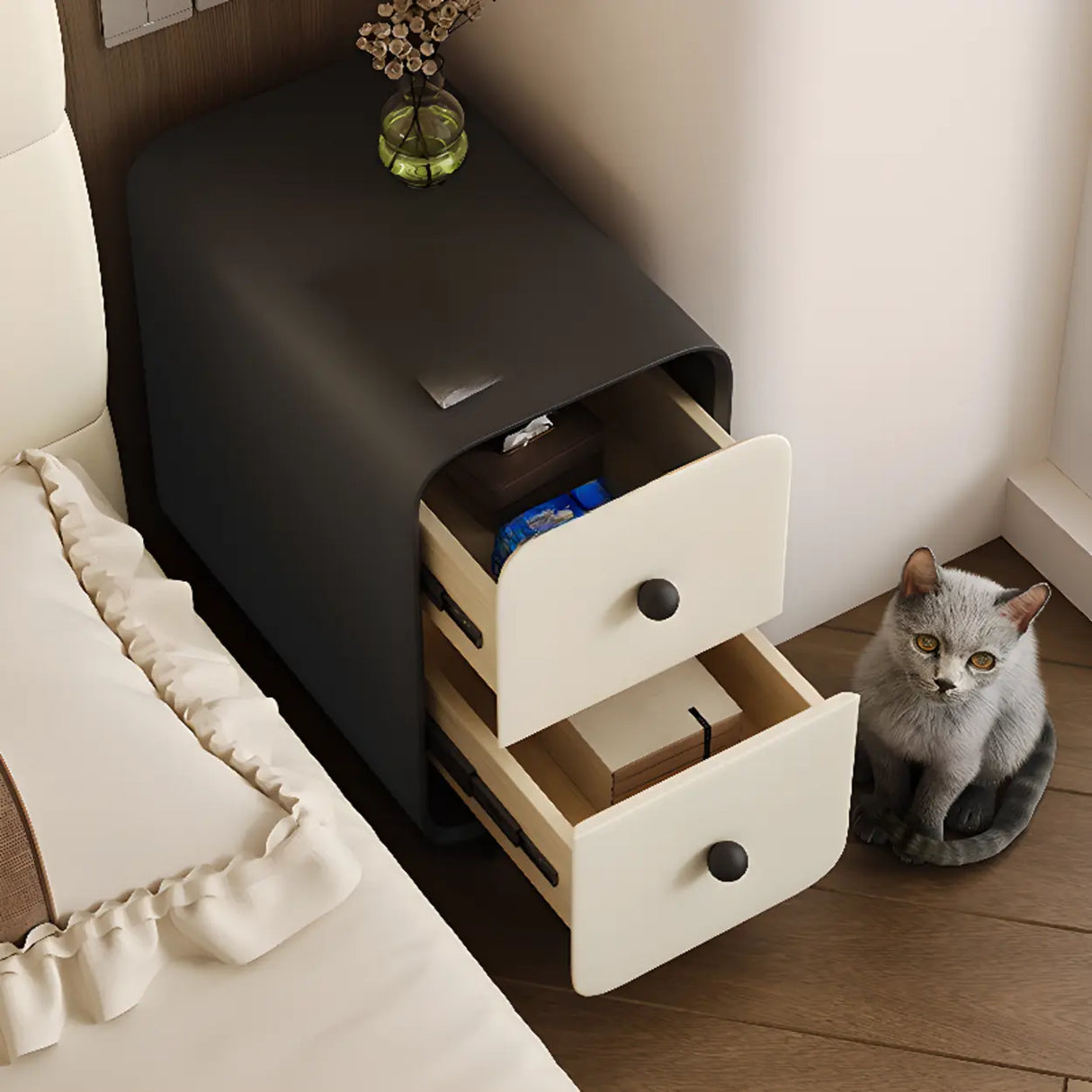Minimalist Modern Wood Cream Nightstand with 2 Drawers Image - 4