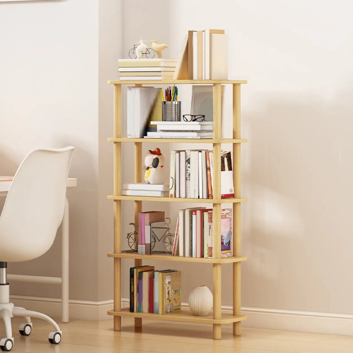 Minimalist Open-Back Wooden Etagere Display Bookshelf Image - 17