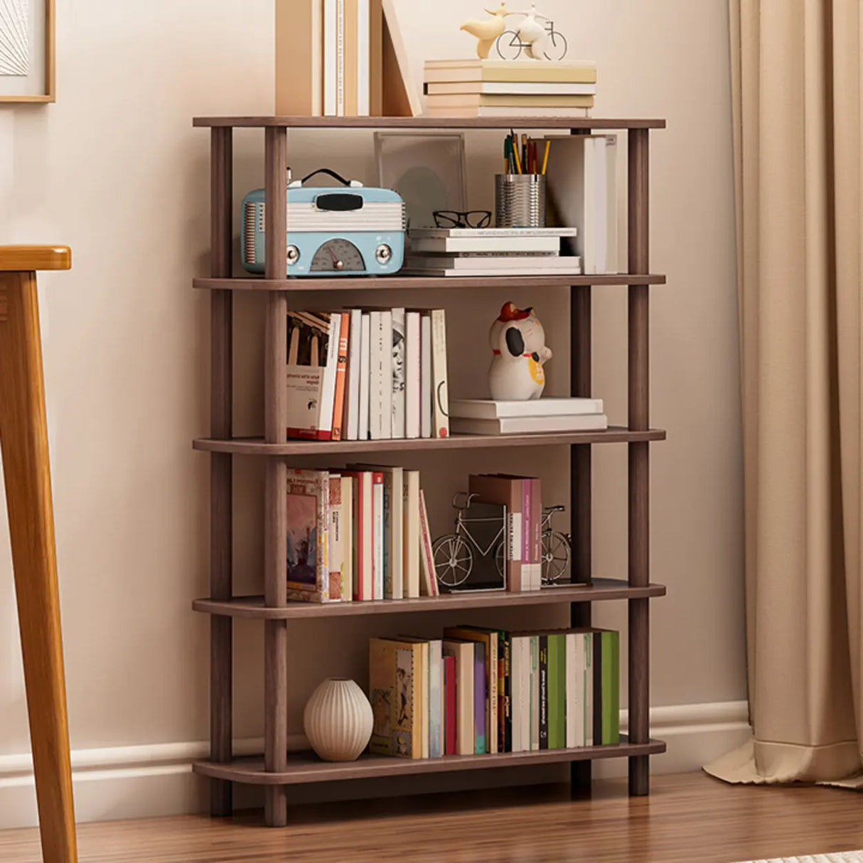 Minimalist Open-Back Wooden Etagere Display Bookshelf Image - 34