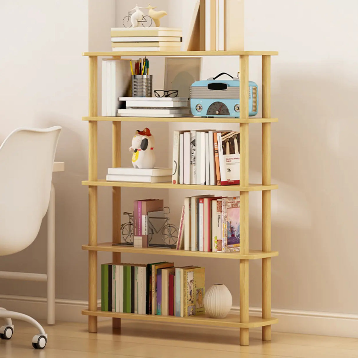 Minimalist Open-Back Wooden Etagere Display Bookshelf Image - 35