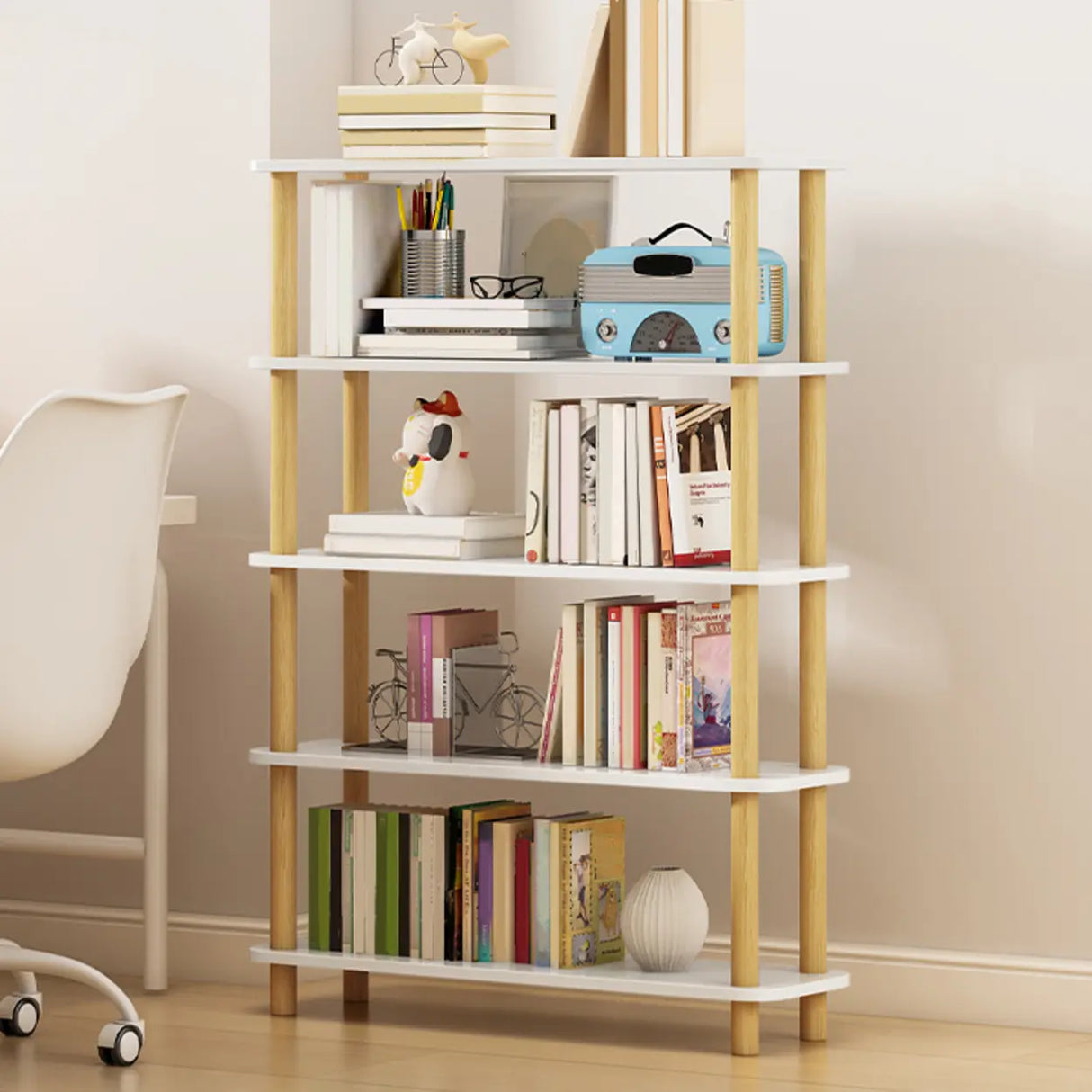 Minimalist Open-Back Wooden Etagere Display Bookshelf Image - 36
