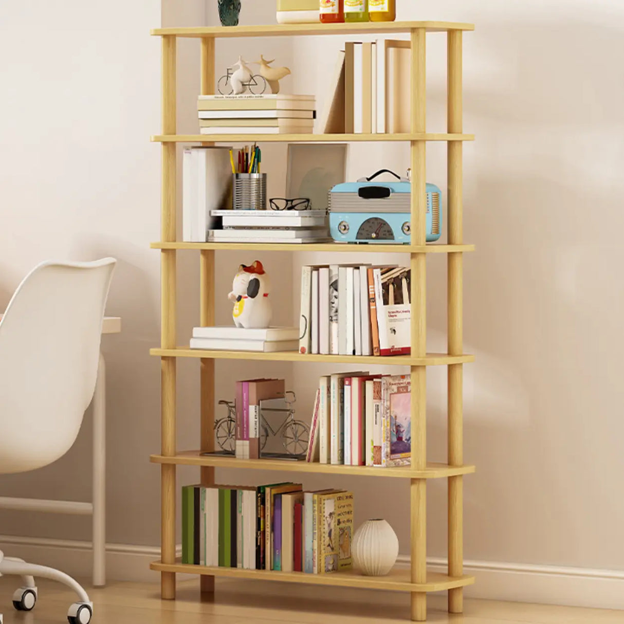 Minimalist Open-Back Wooden Etagere Display Bookshelf Image - 38