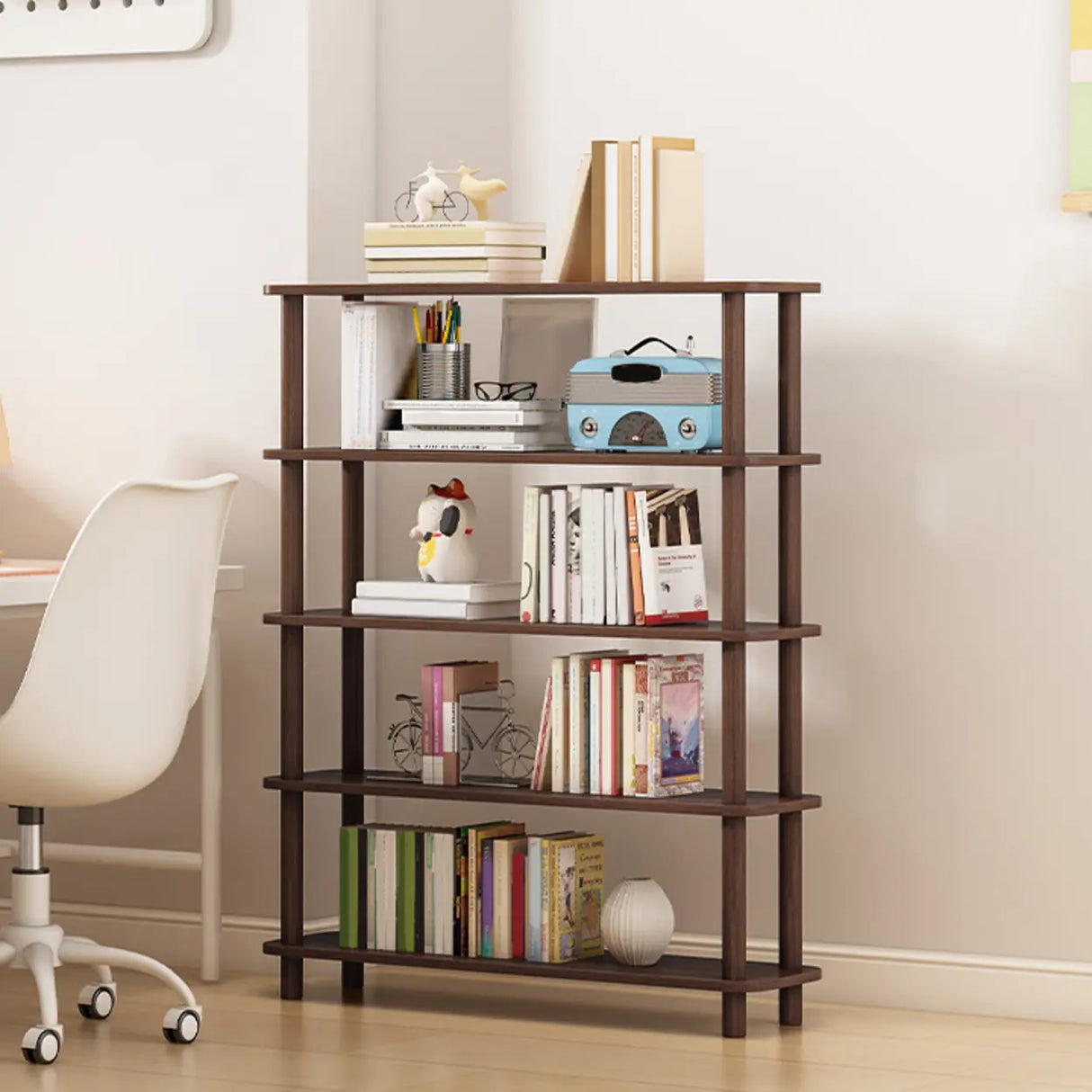 Minimalist Open-Back Wooden Etagere Display Bookshelf Image - 52