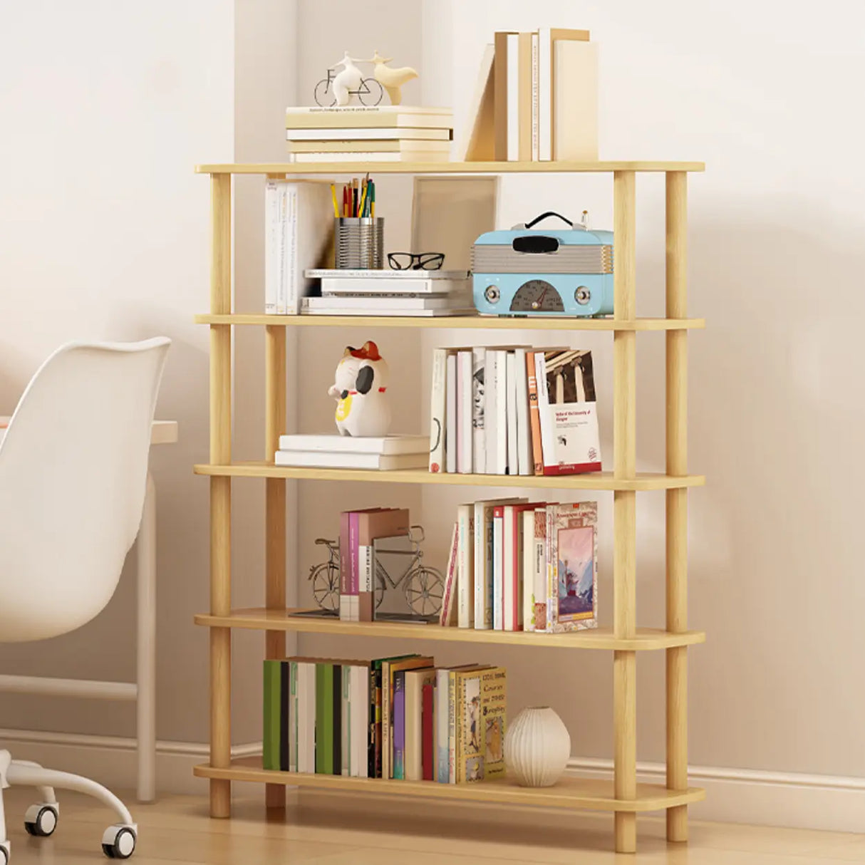 Minimalist Open-Back Wooden Etagere Display Bookshelf Image - 53