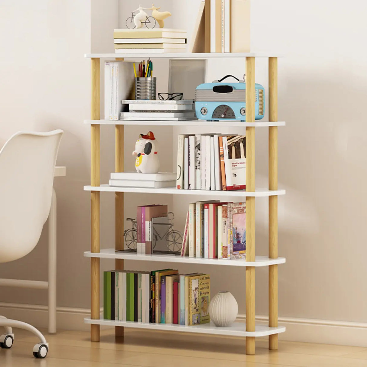 Minimalist Open-Back Wooden Etagere Display Bookshelf Image - 54
