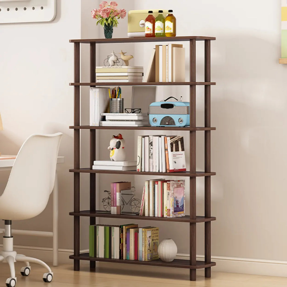 Minimalist Open-Back Wooden Etagere Display Bookshelf Image - 55