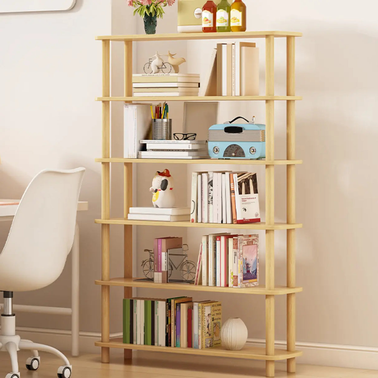 Minimalist Open-Back Wooden Etagere Display Bookshelf Image - 56