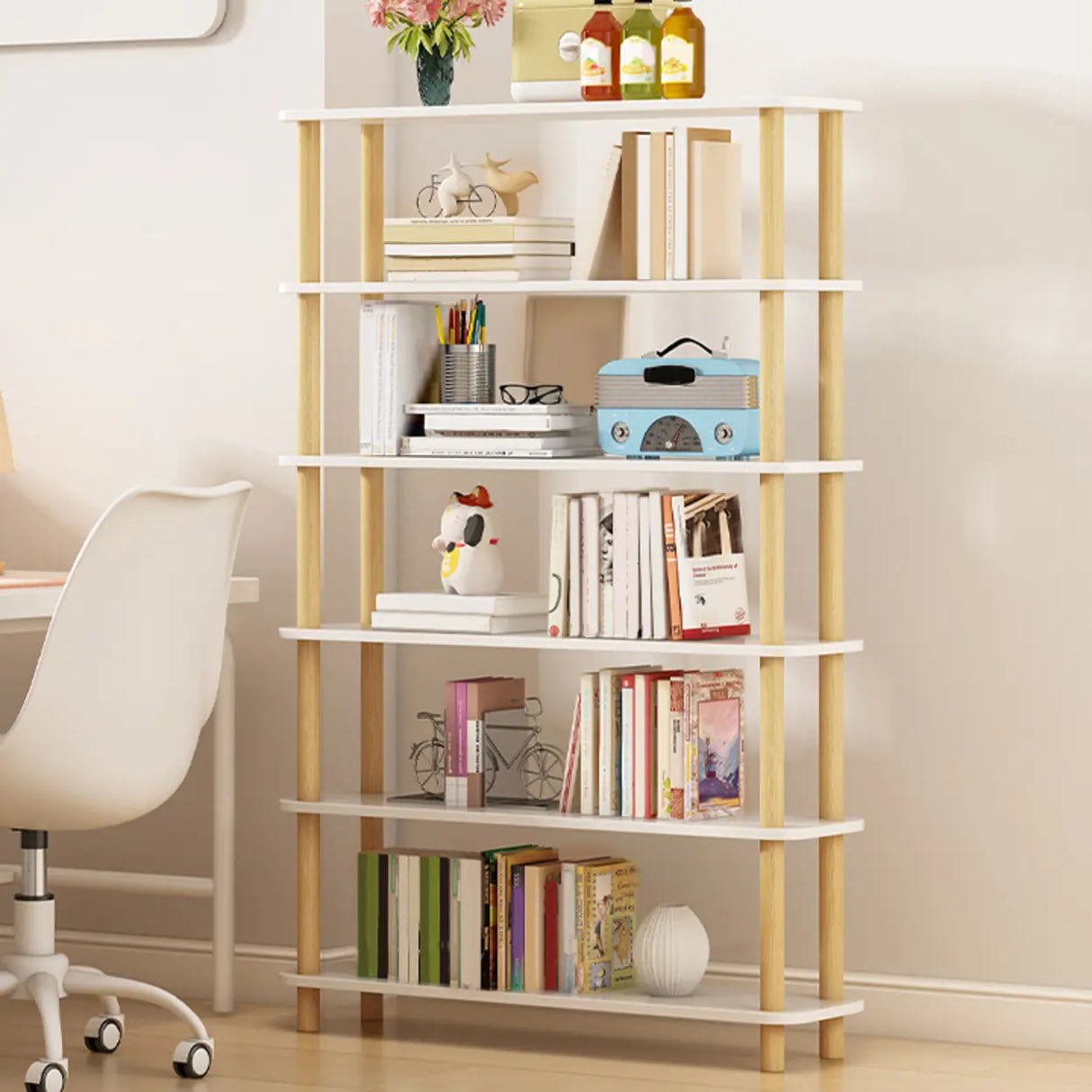Minimalist Open-Back Wooden Etagere Display Bookshelf Image - 57