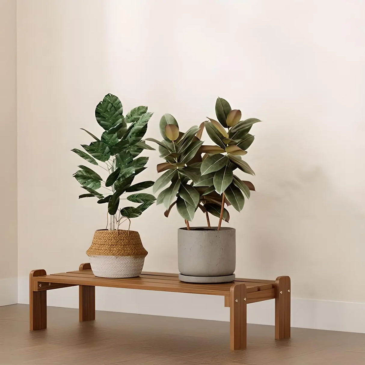 Minimalist Rectangle Wood Natural 1 Tier Plant Stand Image - 10