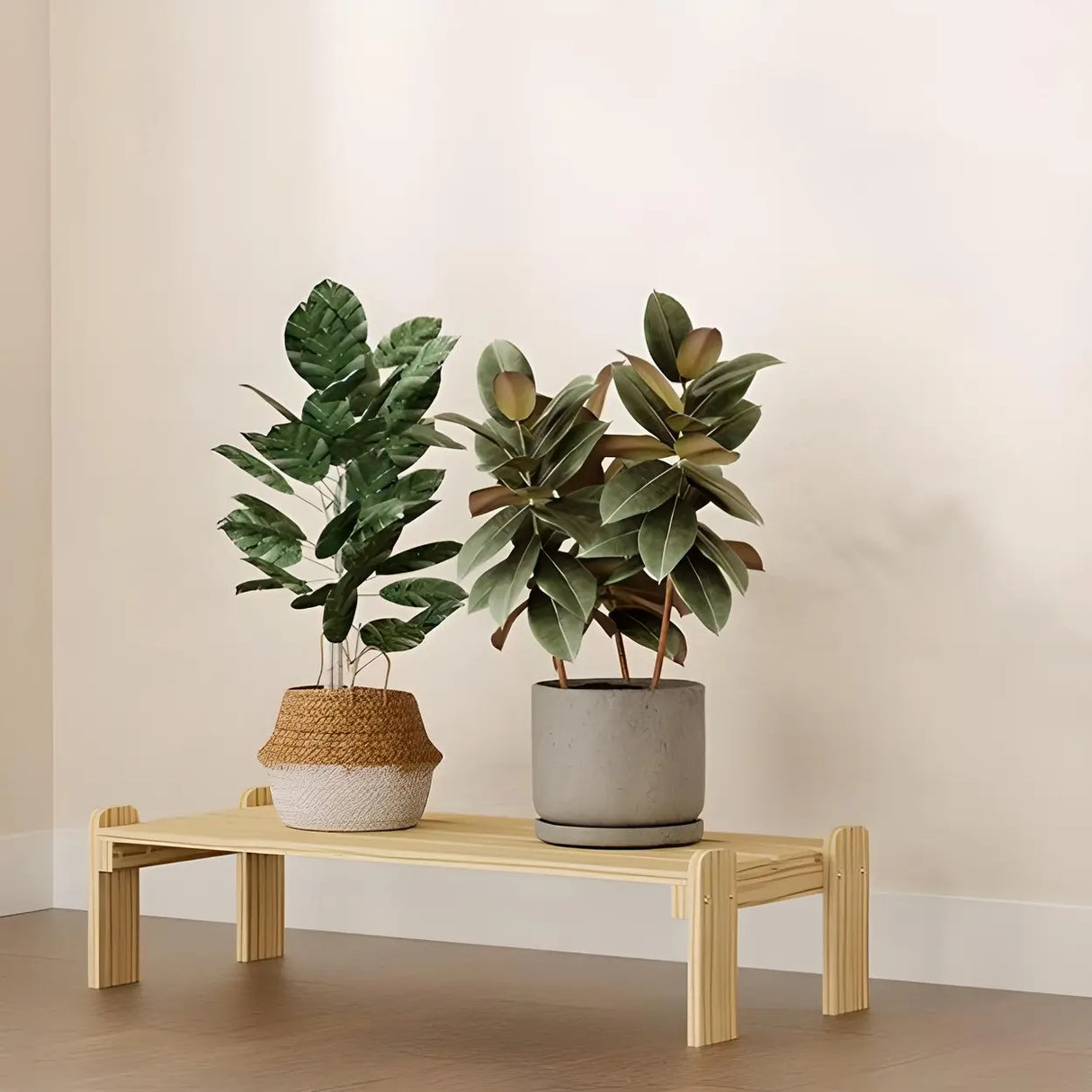 Minimalist Rectangle Wood Natural 1 Tier Plant Stand Image - 12