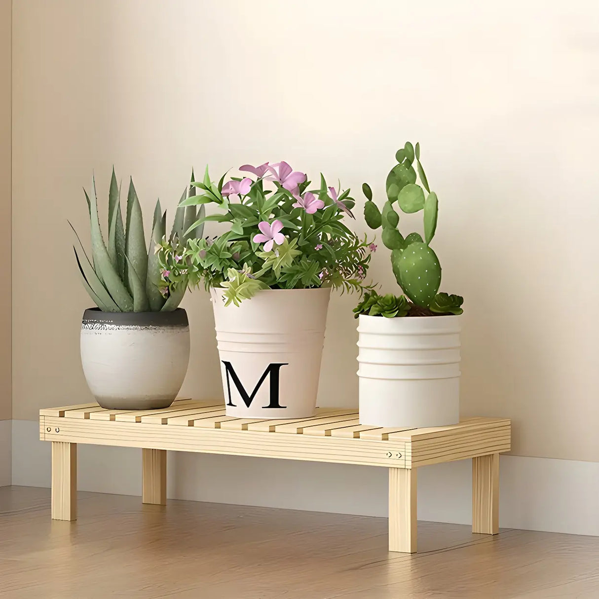 Minimalist Rectangle Wood Natural 1 Tier Plant Stand Image - 14