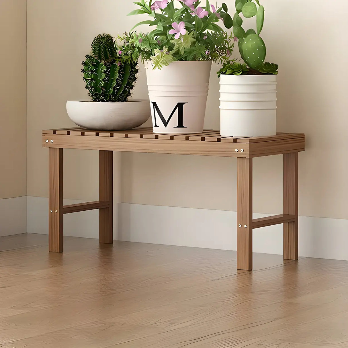 Minimalist Rectangle Wood Natural 1 Tier Plant Stand Image - 15