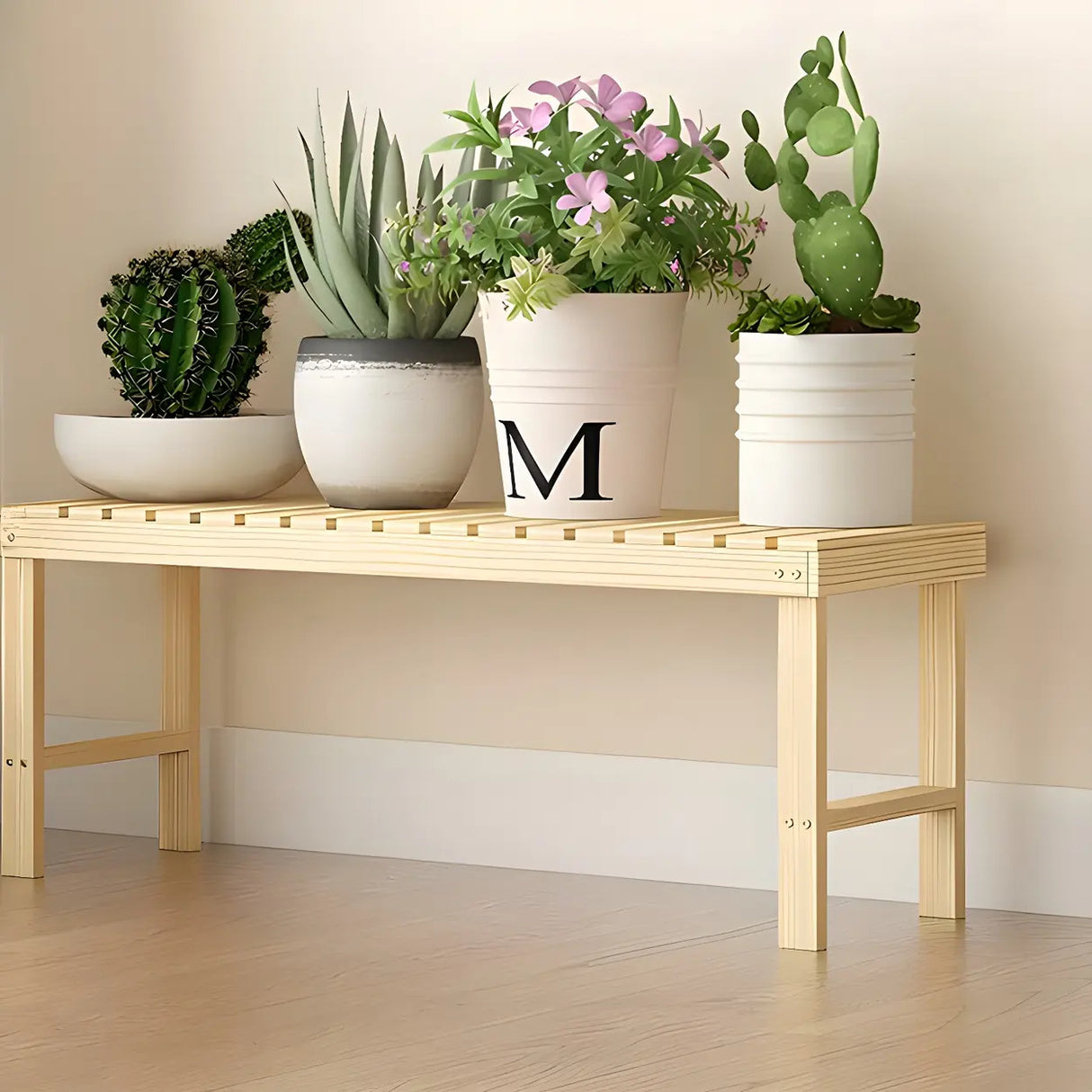Minimalist Rectangle Wood Natural 1 Tier Plant Stand Image - 16