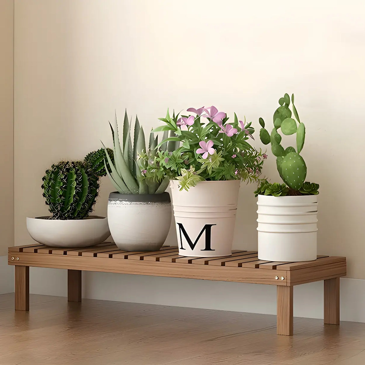 Minimalist Rectangle Wood Natural 1 Tier Plant Stand Image - 17