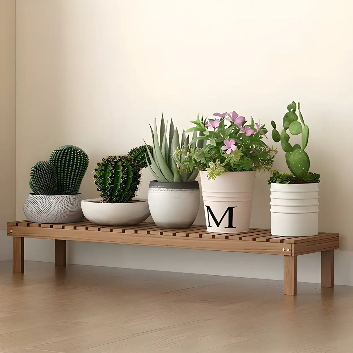 Minimalist Rectangle Wood Natural 1 Tier Plant Stand Image - 18