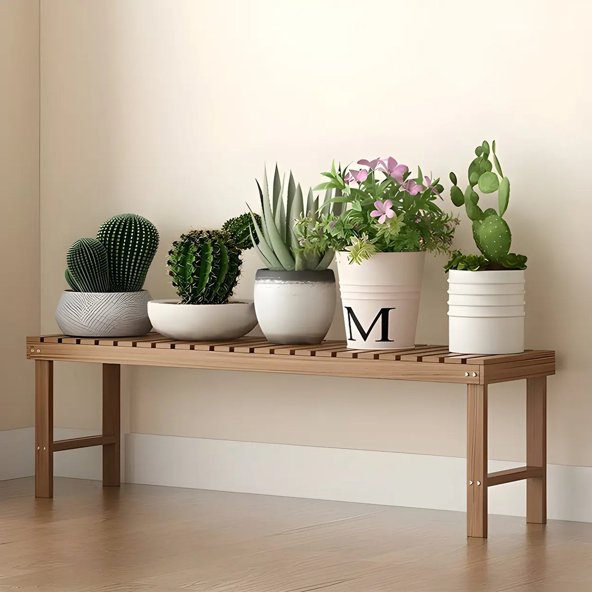 Minimalist Rectangle Wood Natural 1 Tier Plant Stand Image - 19