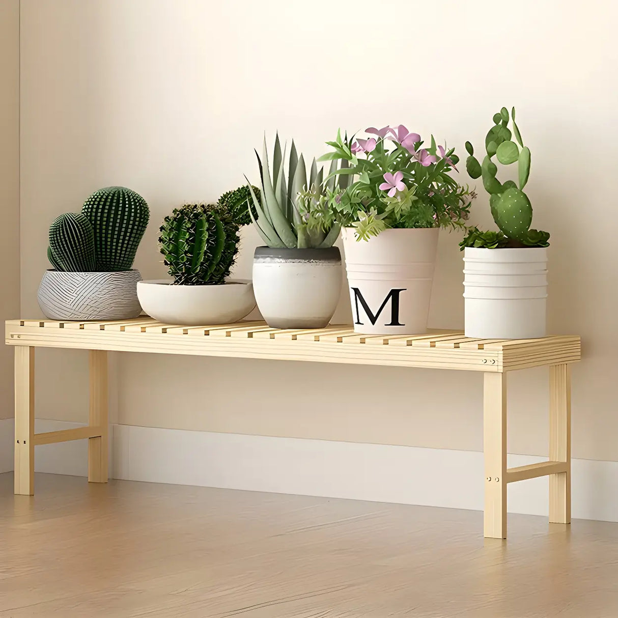 Minimalist Rectangle Wood Natural 1 Tier Plant Stand Image - 1