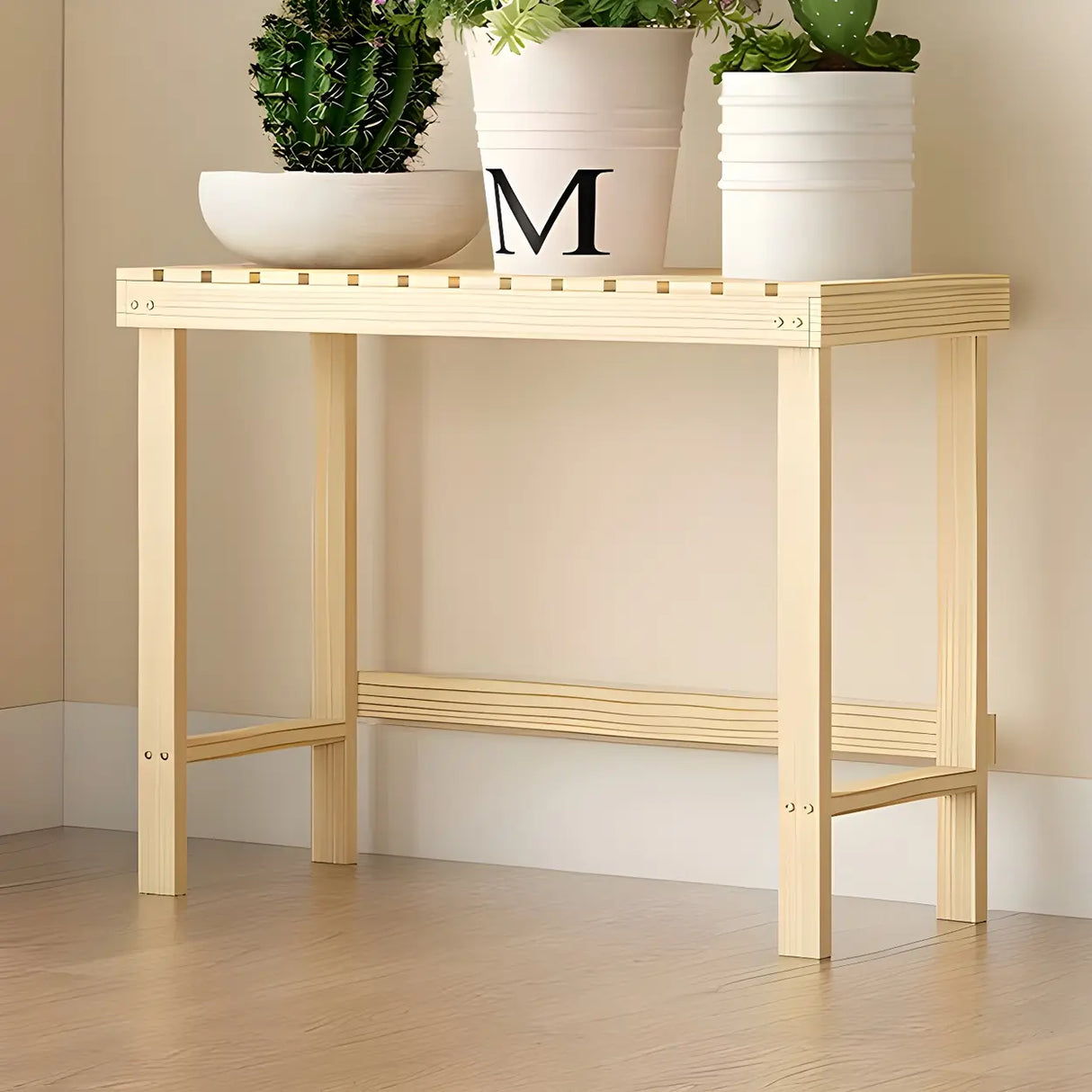 Minimalist Rectangle Wood Natural 1 Tier Plant Stand Image - 20