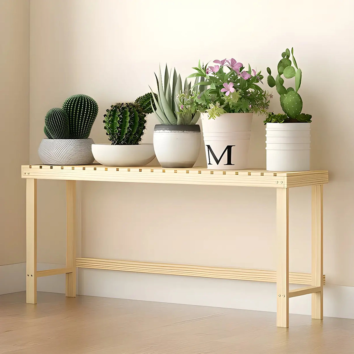 Minimalist Rectangle Wood Natural 1 Tier Plant Stand Image - 21