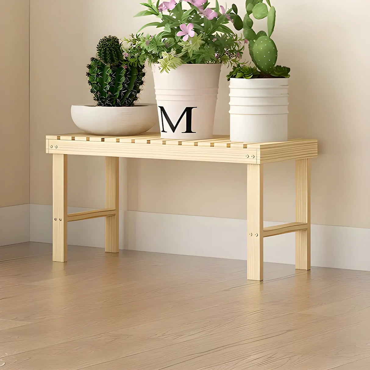 Minimalist Rectangle Wood Natural 1 Tier Plant Stand Image - 22