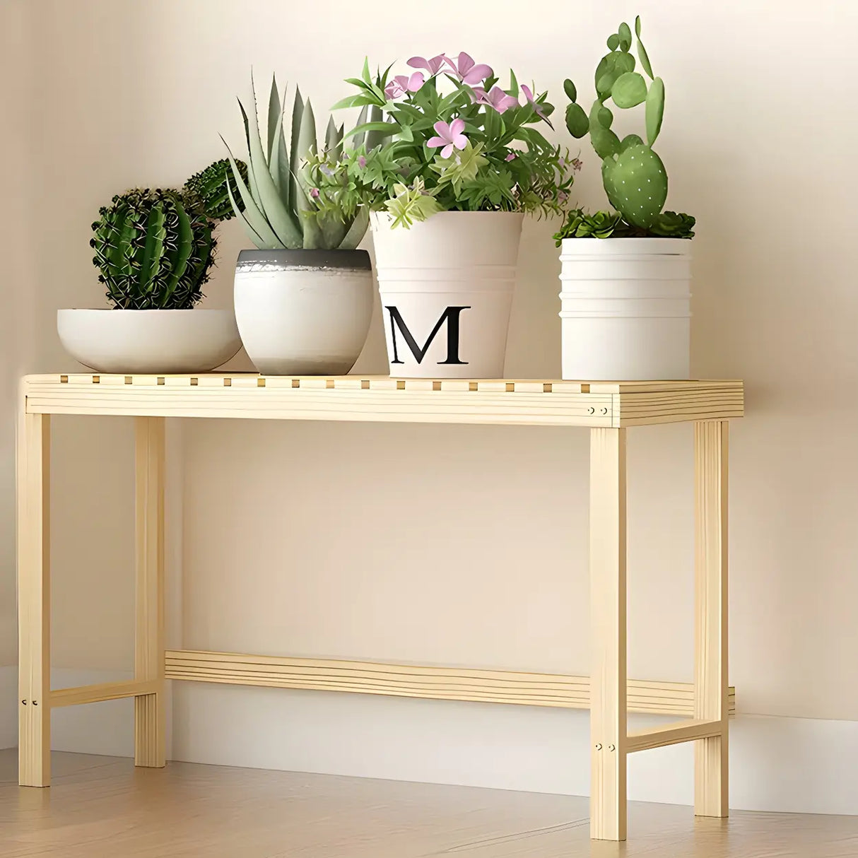 Minimalist Rectangle Wood Natural 1 Tier Plant Stand Image - 23