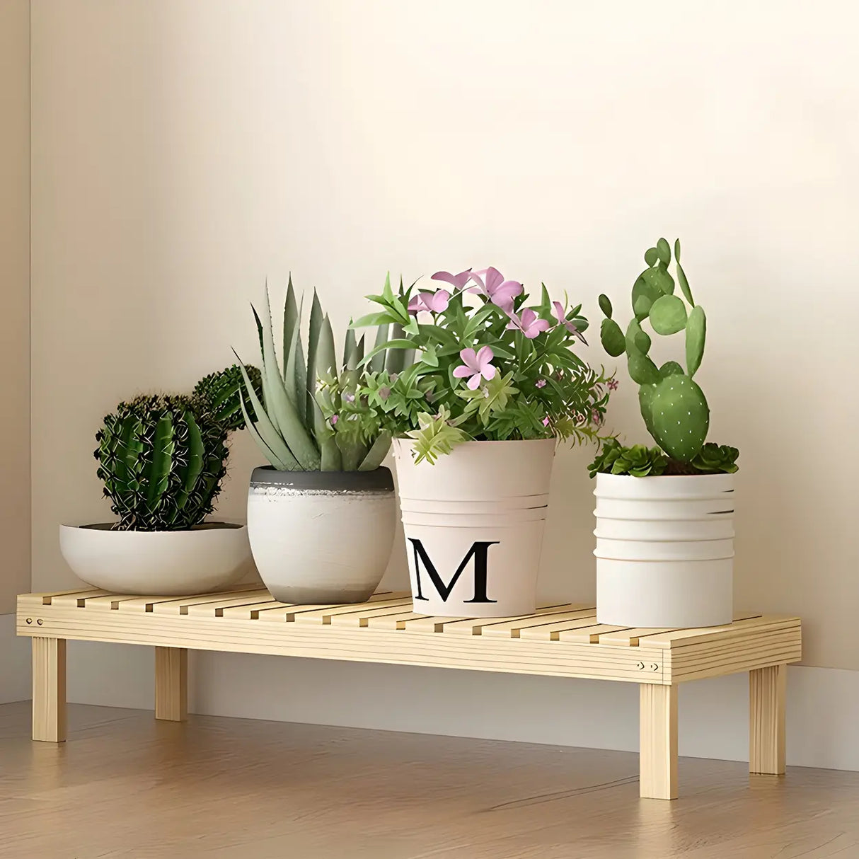 Minimalist Rectangle Wood Natural 1 Tier Plant Stand Image - 24
