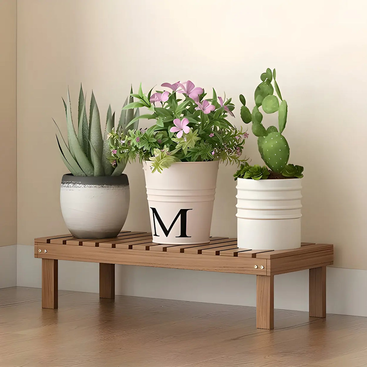 Minimalist Rectangle Wood Natural 1 Tier Plant Stand Image - 25