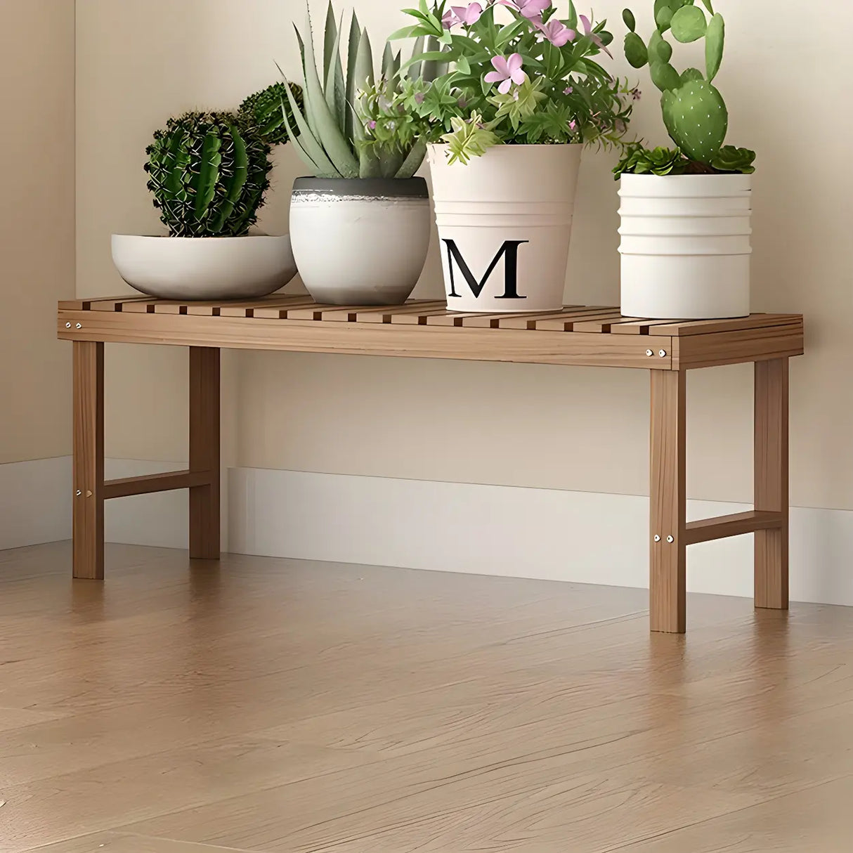 Minimalist Rectangle Wood Natural 1 Tier Plant Stand Image - 27