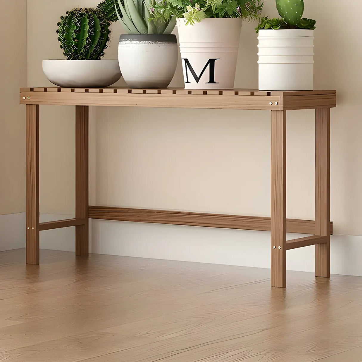 Minimalist Rectangle Wood Natural 1 Tier Plant Stand Image - 28