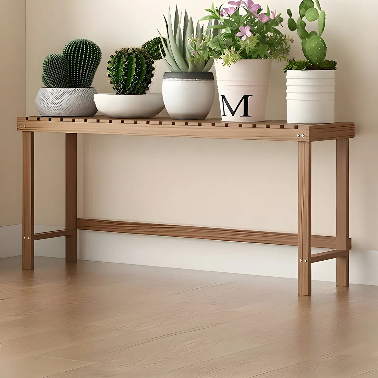 Minimalist Rectangle Wood Natural 1 Tier Plant Stand Image - 29