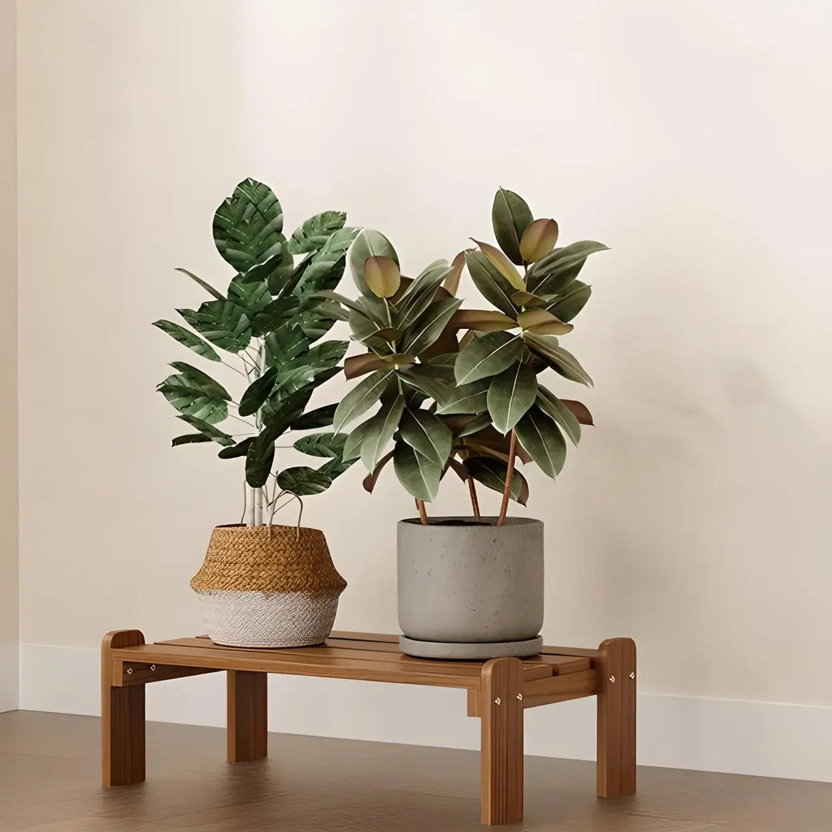 Minimalist Rectangle Wood Natural 1 Tier Plant Stand Image - 2