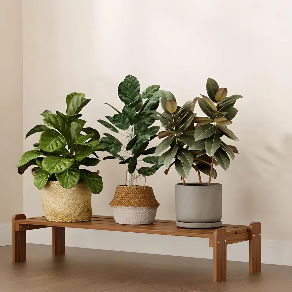 Minimalist Rectangle Wood Natural 1 Tier Plant Stand Image - 4