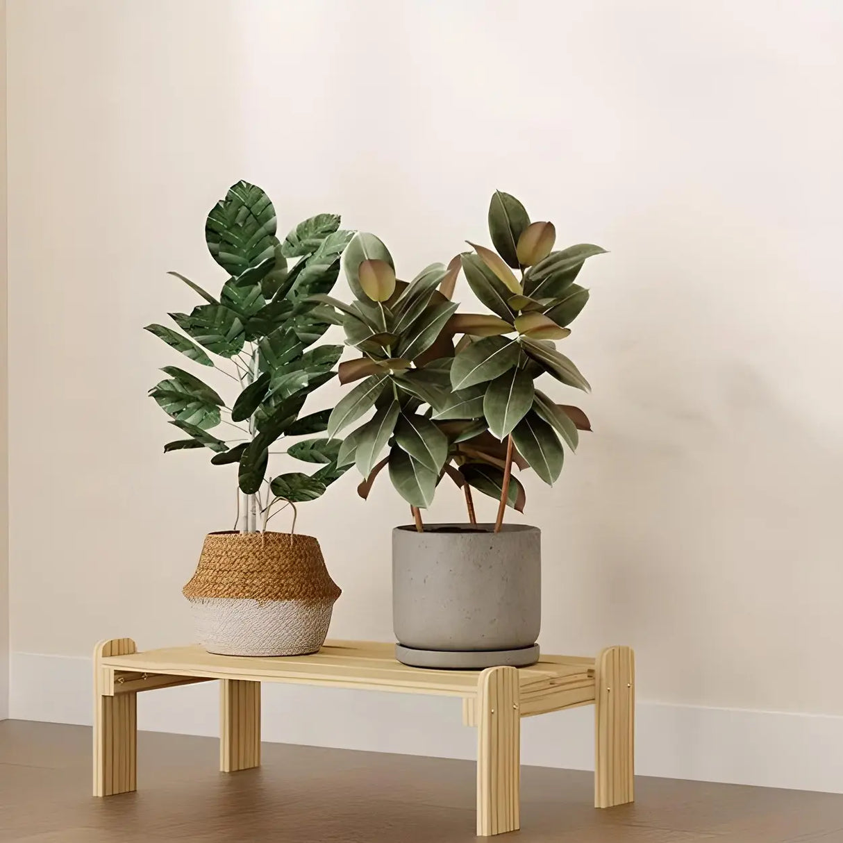 Minimalist Rectangle Wood Natural 1 Tier Plant Stand Image - 6