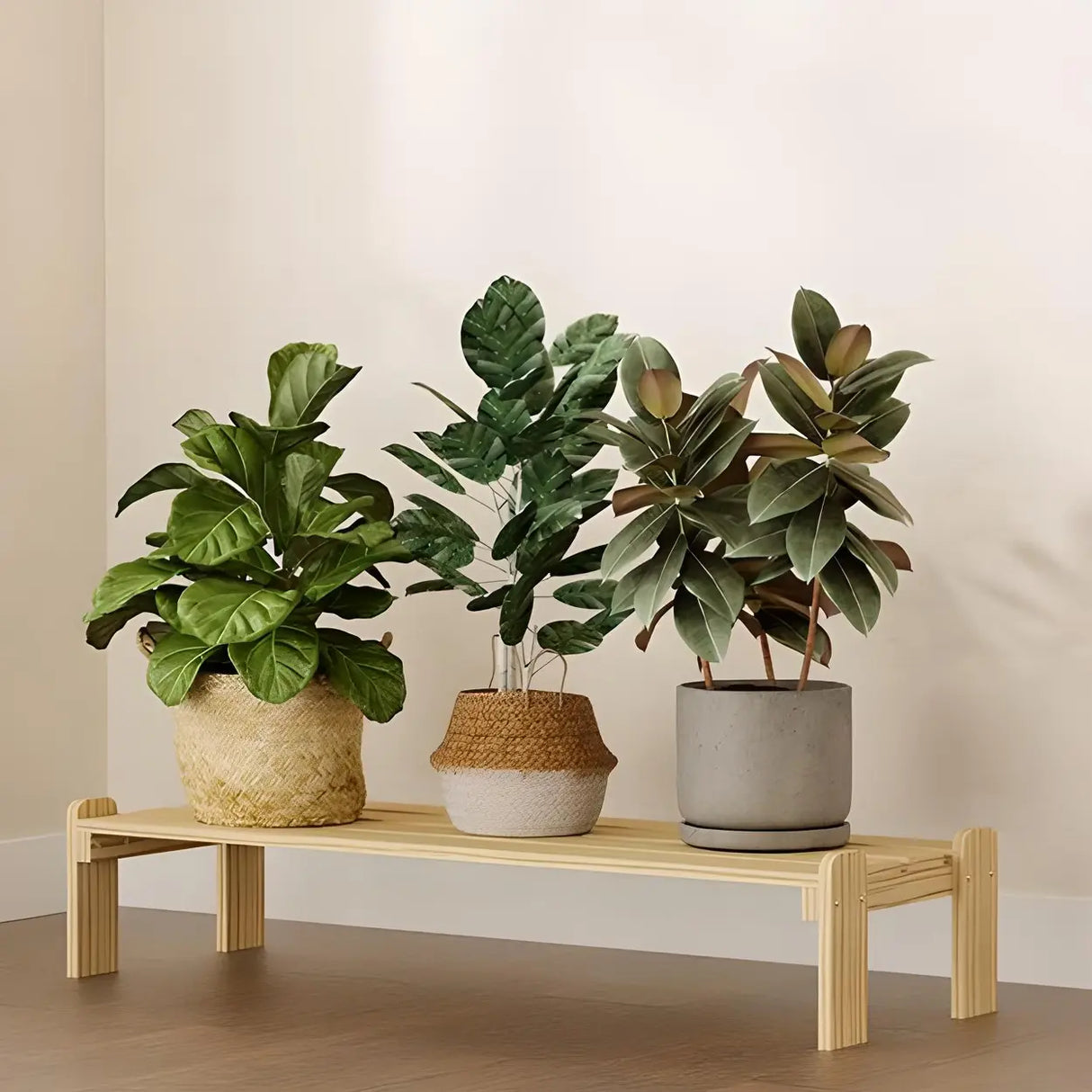 Minimalist Rectangle Wood Natural 1 Tier Plant Stand Image - 7