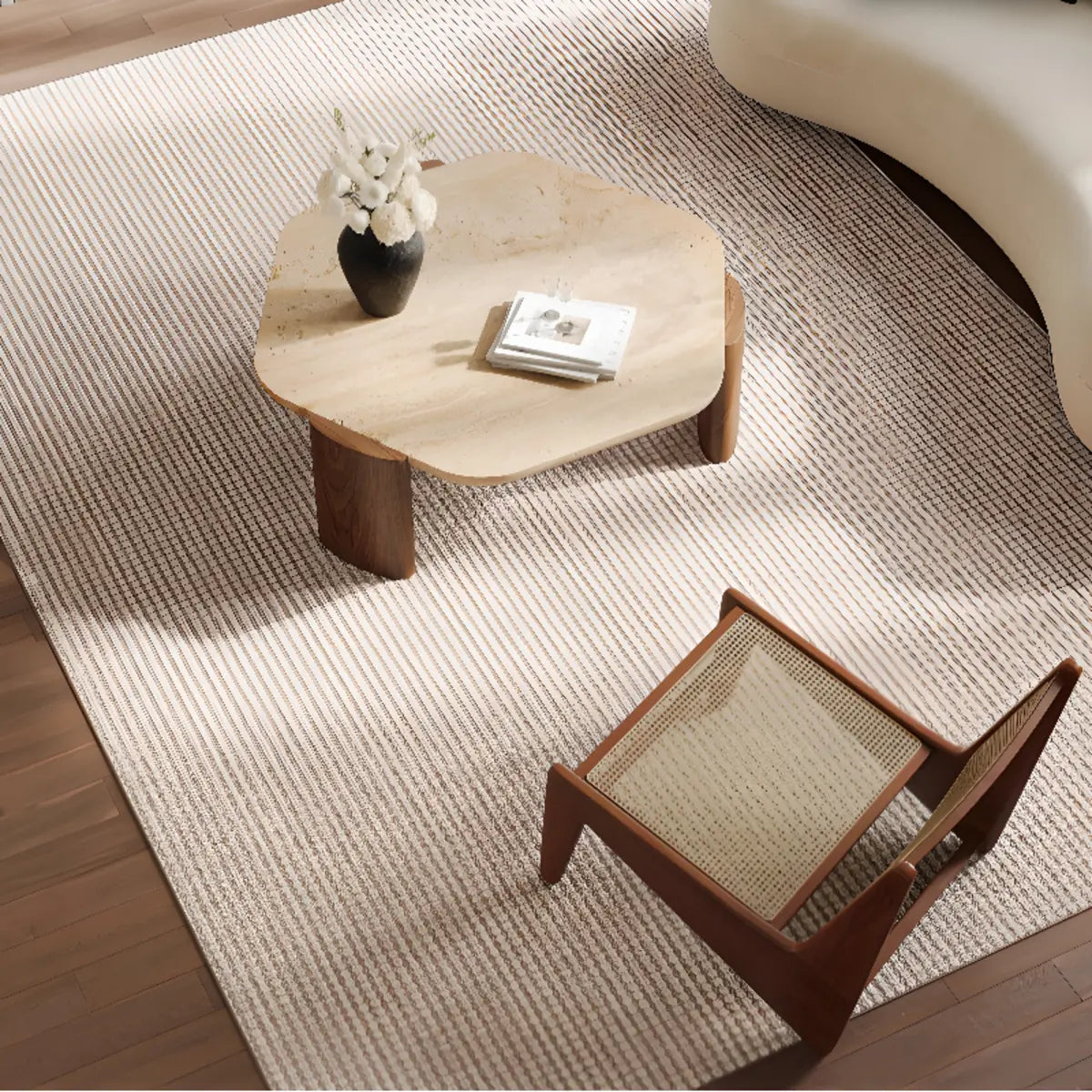Minimalist Rectangular Striped Beige Anti-Slip Area Rug Image - 1