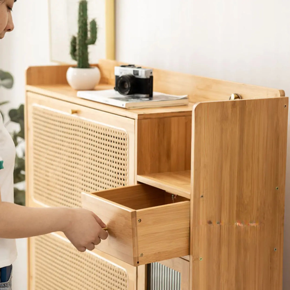 Minimalist Rectangular Wood Entryway Natural Shoe Cabinet Image - 10