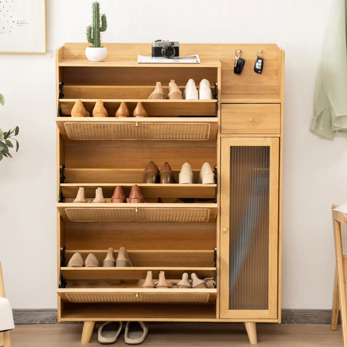 Minimalist Rectangular Wood Entryway Natural Shoe Cabinet Image - 1