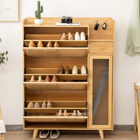 Minimalist Rectangular Wood Entryway Natural Shoe Cabinet Image - 1