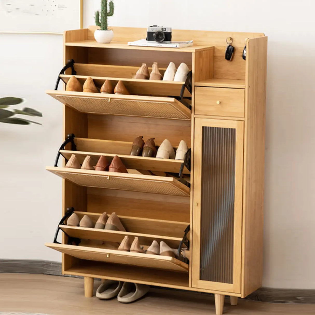 Minimalist Rectangular Wood Entryway Natural Shoe Cabinet Image - 3