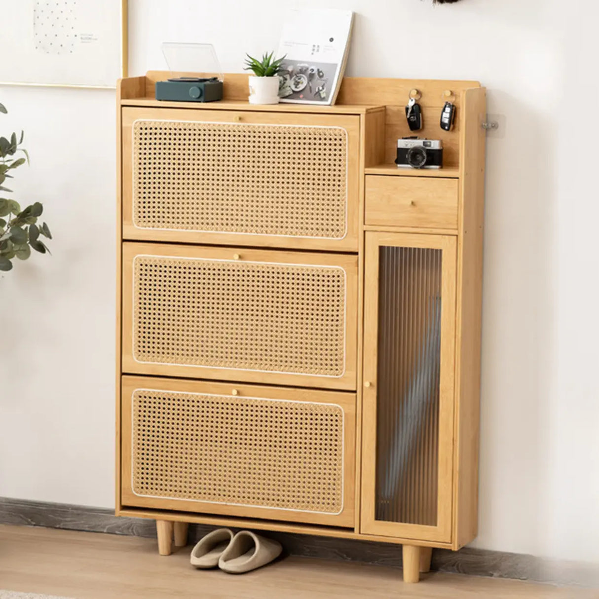 Minimalist Rectangular Wood Entryway Natural Shoe Cabinet Image - 5