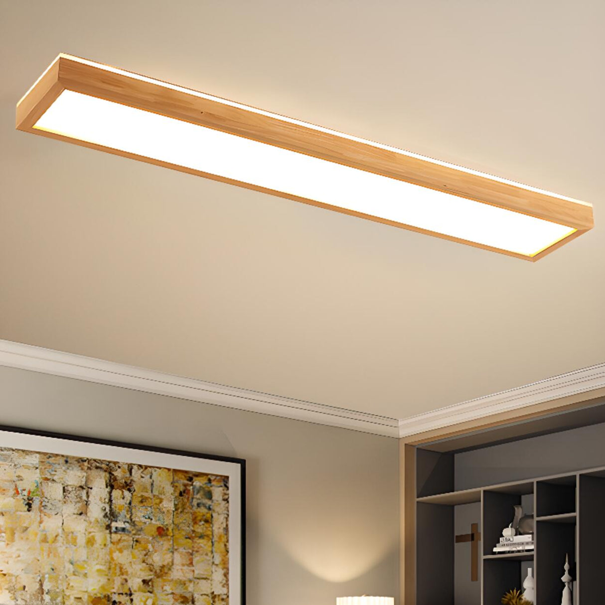 Minimalist Rectangular Wooden LED Flush Mount Light Image - 3