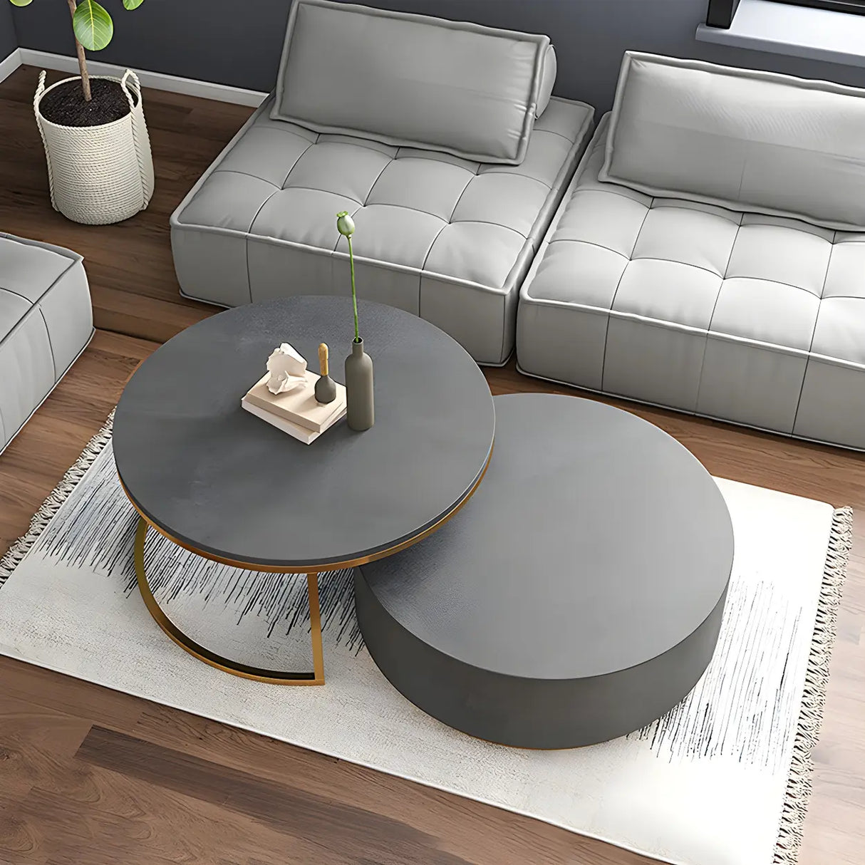 Minimalist Round Wood Top Metal Base Coffee Table Image - 18