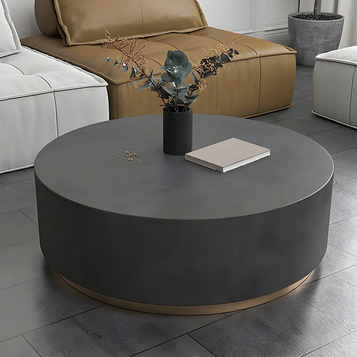 Minimalist Round Wood Top Metal Base Coffee Table Image - 1