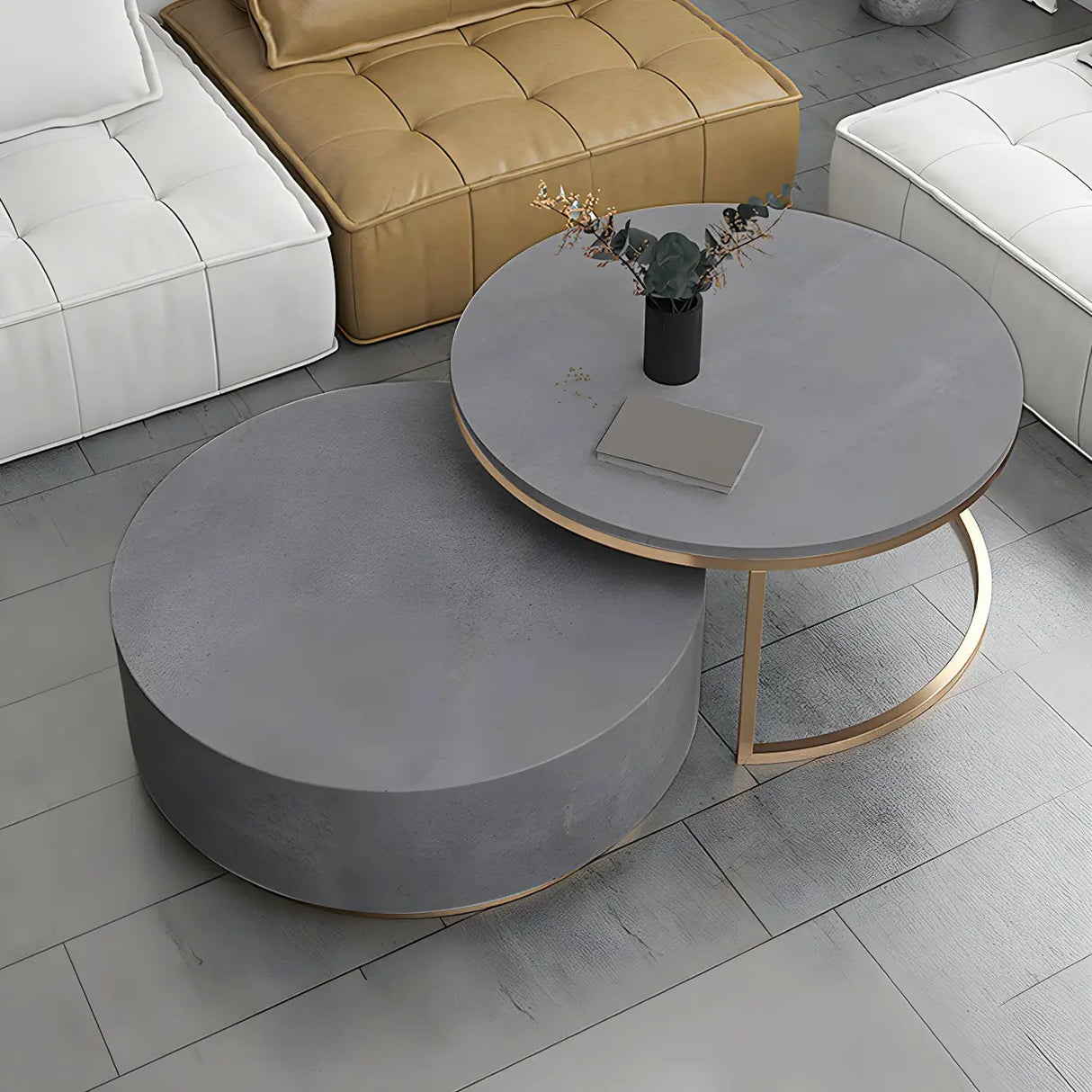 Minimalist Round Wood Top Metal Base Coffee Table Image - 4