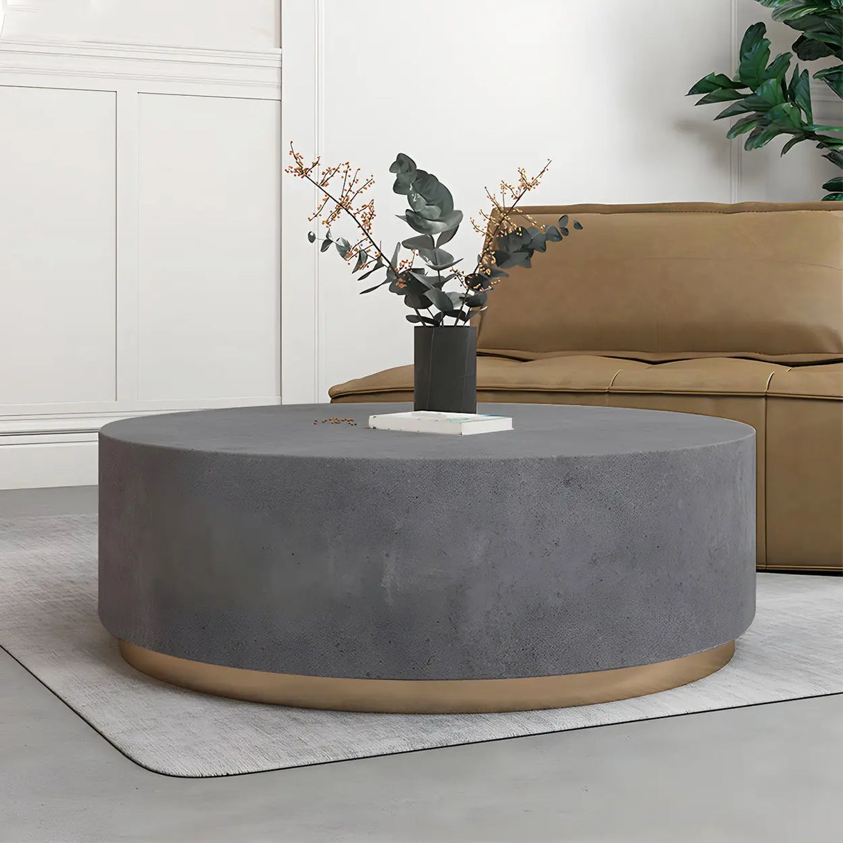 Minimalist Round Wood Top Metal Base Coffee Table Image - 6