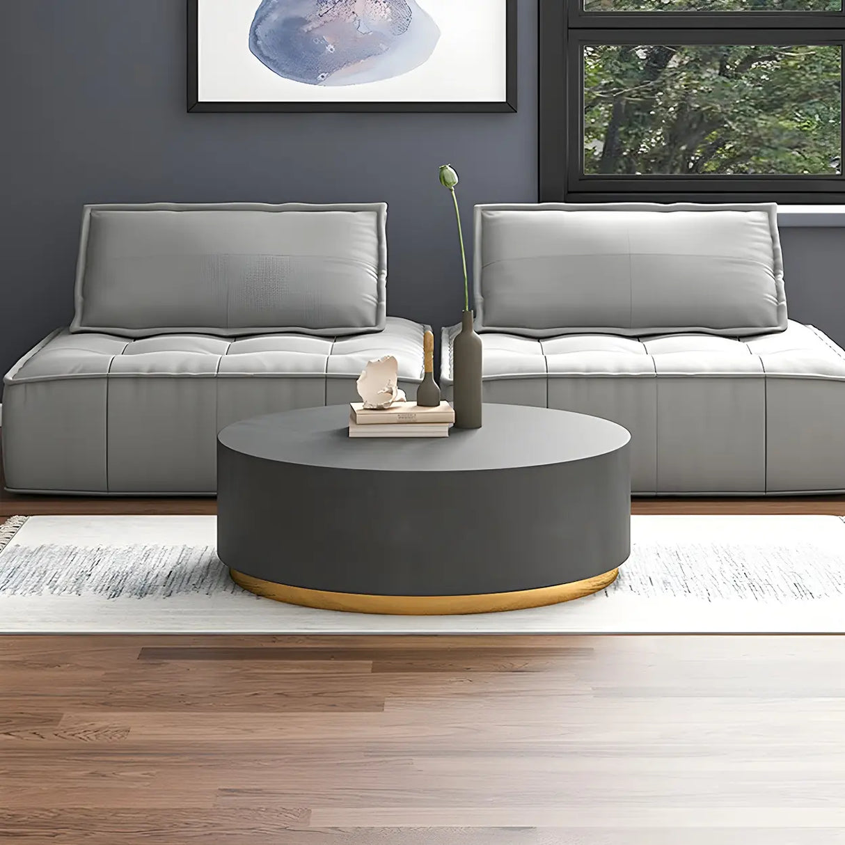 Minimalist Round Wood Top Metal Base Coffee Table Image - 8