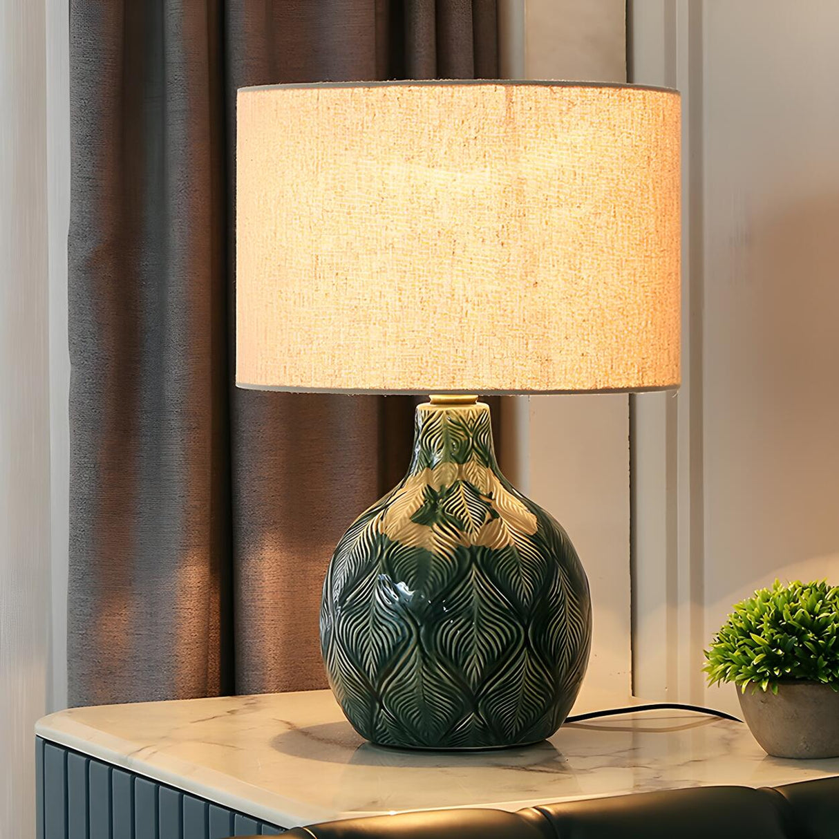 Minimalist Square Fabric Shade Ceramic Base Table Lamp Image - 3