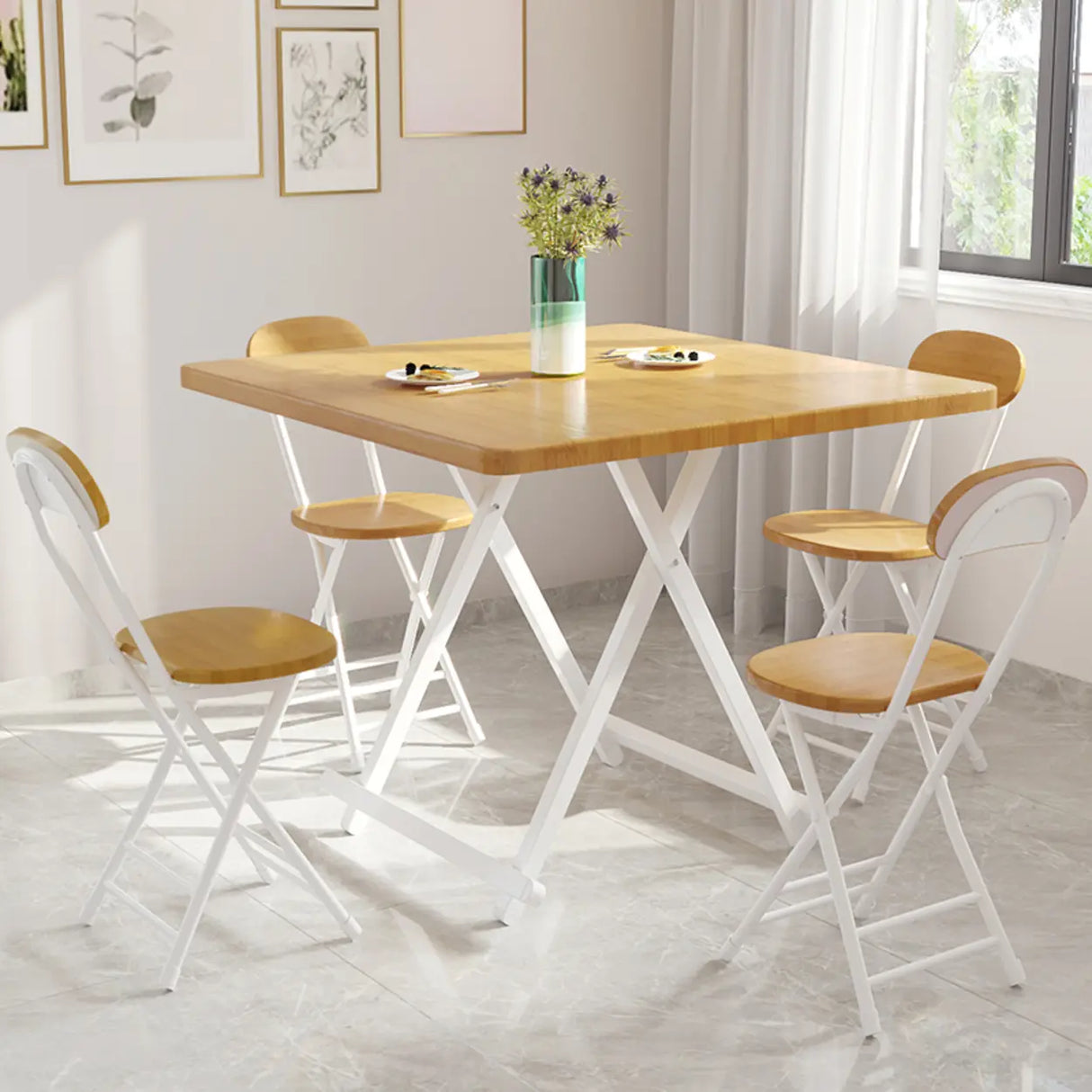 Minimalist Square Wood White Folding Dining Table Image - 9