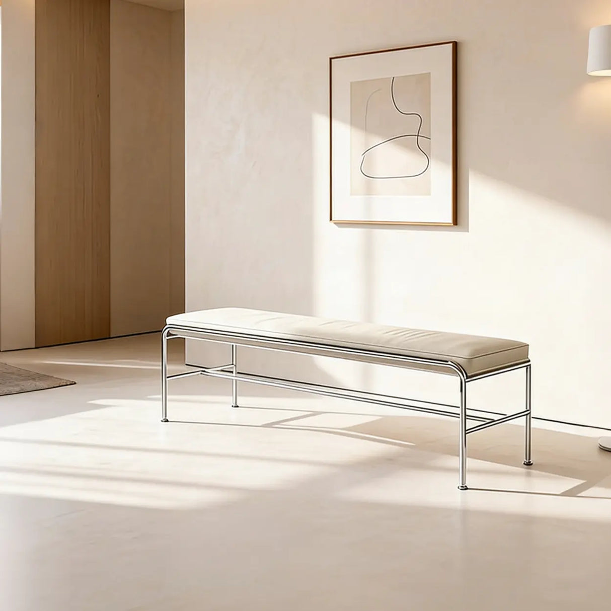 Minimalist Steel Frame Leather Entryway Bedroom Bench Image - 4